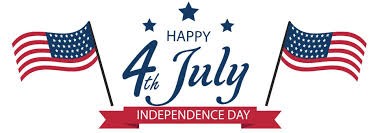 Happy 4th of July in navy blue.  Under it is Independence Day in a red banner.  There is an American flag on each side of the image.
